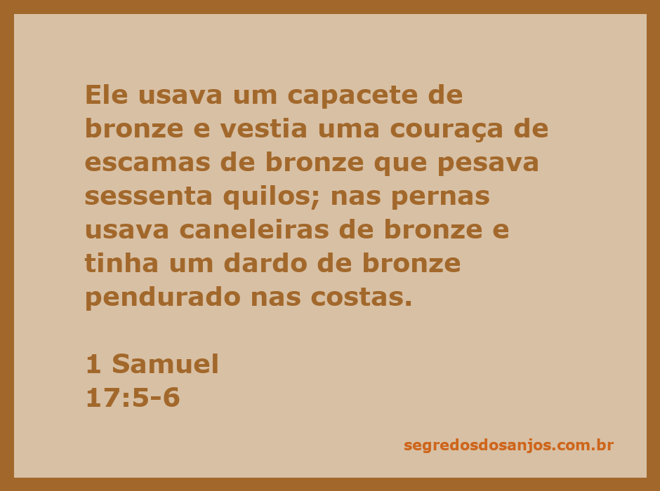 Imagem de um guerreiro de bronze com capacete, couraça, caneleiras e dardo, representando a descrição de Golias em 1 Samuel 17:5-6.