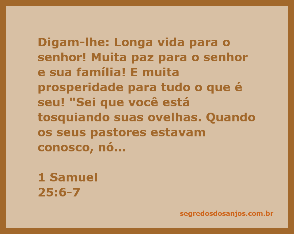 Uma ilustração de 1 Samuel 25:6-7, representando a saudação de bênçãos a um senhor e sua família, com o fundo de um campo onde ovelhas estão pastando.