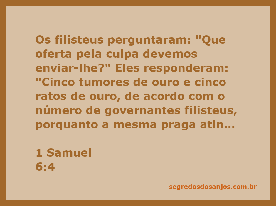 Ilustração dos filisteus consultando sobre a oferta pela culpa, com tumores e ratos de ouro.