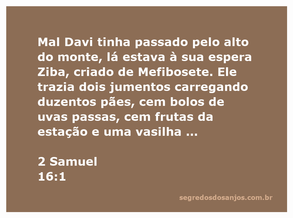 Ziba, criado de Mefibosete, trazendo jumentos carregados com pães e frutas para Davi no alto do monte.