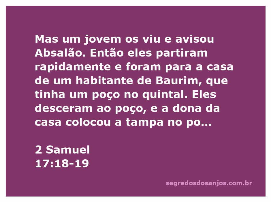 Imagem ilustrativa da passagem de 2 Samuel 17:18-19, mostrando um jovem avisando Absalão e a mulher escondendo os espiões em um poço com grãos de cereal.