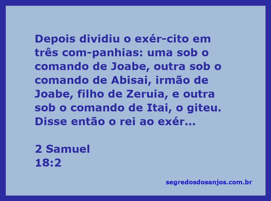 O rei Davi lidera seu exército, dividido em três companhias, sob o comando de Joabe, Abisai e Itai.
