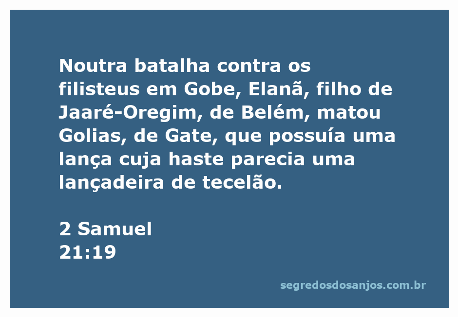 Ilustração de Elanã derrotando Golias em uma batalha contra os filisteus em Gobe.