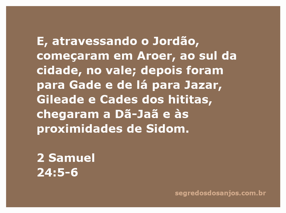 Mapa das localidades mencionadas em 2 Samuel 24:5-6, incluindo Aroer, Gade, Jazar, Gileade, Cades dos hititas, Dã-Jaã e Sidom.
