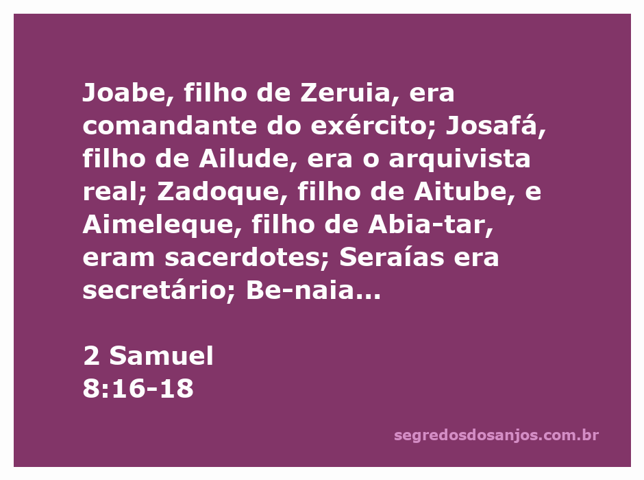 Composição ilustrativa dos líderes e sacerdotes mencionados em 2 Samuel 8:16-18, destacando Joabe, Josafá, Zadoque, Aimeleque, Seraías, Be­naia e os filhos de Davi.
