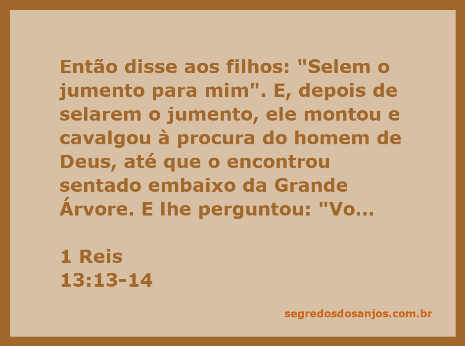 Um homem montado em um jumento sob uma grande árvore, simbolizando a busca do homem de Deus em 1 Reis 13:13-14.