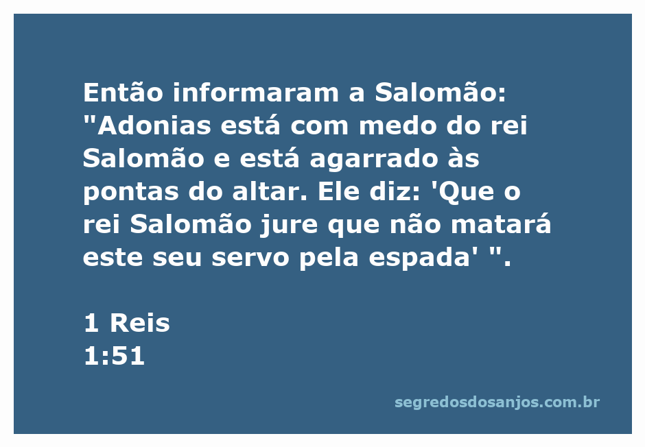 Adonias agarrado às pontas do altar, pedindo clemência ao rei Salomão.