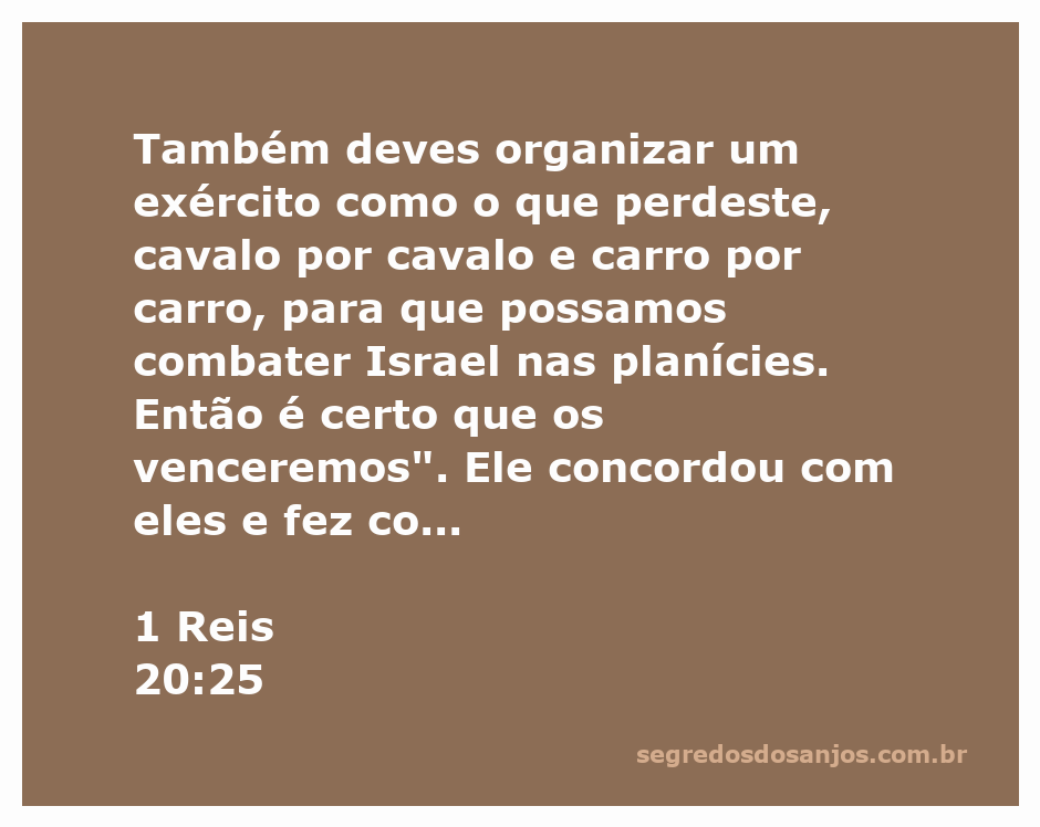 Rei organizando um exército para combater Israel nas planícies, conforme instruído na passagem de 1 Reis 20:25.