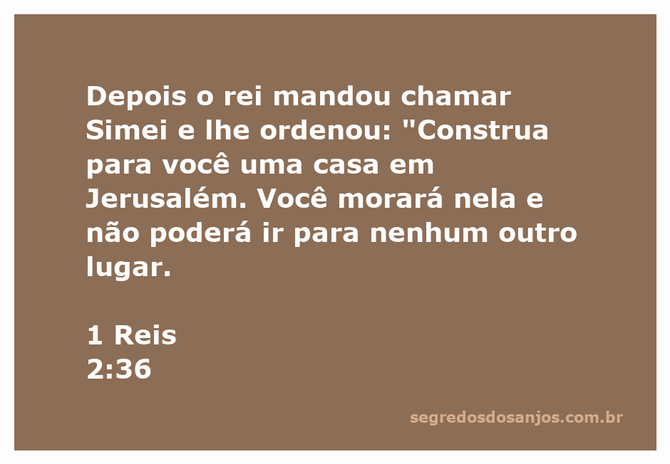 O rei Salomão ordena a Simei que construa uma casa em Jerusalém, simbolizando a obediência e as restrições impostas.