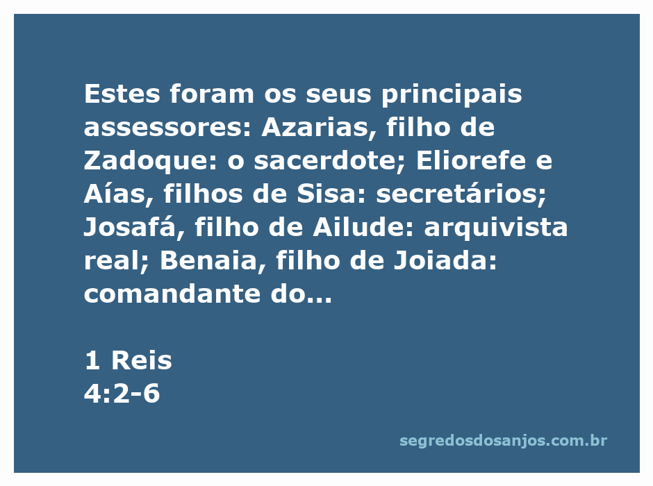 Representação dos principais assessores do rei Salomão conforme 1 Reis 4:2-6