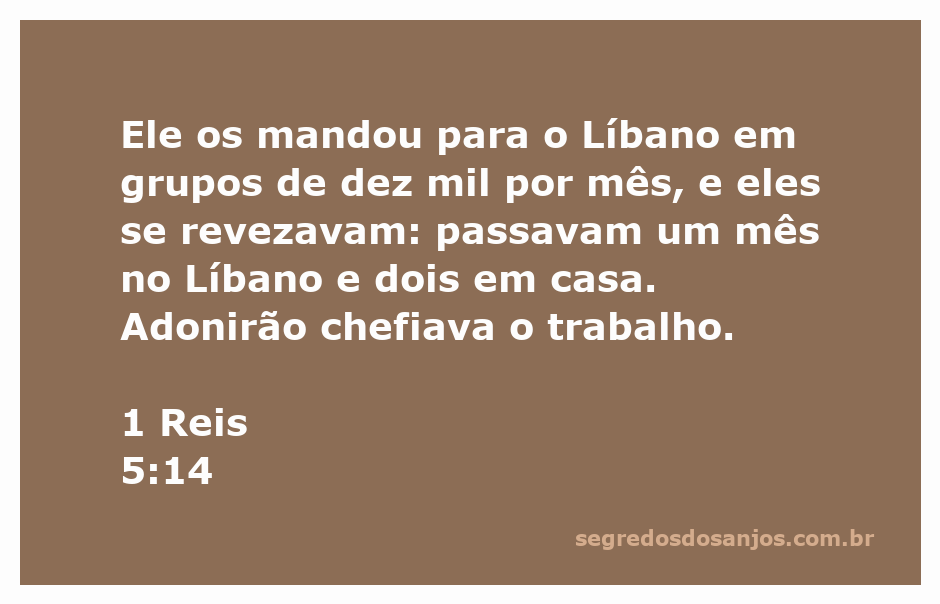 Representação da passagem bíblica de 1 Reis 5:14, mostrando trabalhadores do Líbano sob a liderança de Adonirão.