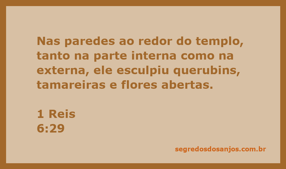 Esculturas de querubins, tamareiras e flores abertas nas paredes do templo descrito em 1 Reis 6:29.