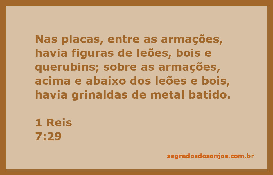 Imagem detalhada das placas com figuras de leões, bois e querubins, adornadas com grinaldas de metal batido, conforme descrito em 1 Reis 7:29.