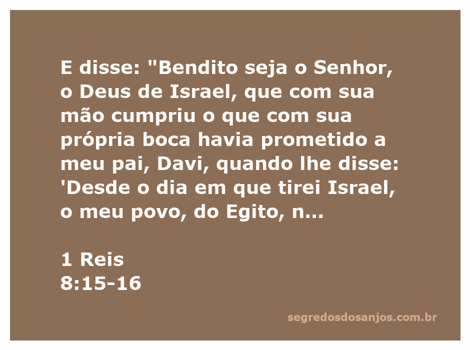 Versículo de 1 Reis 8:15-16 destacando a promessa de Deus a Davi sobre Israel e a construção do templo.