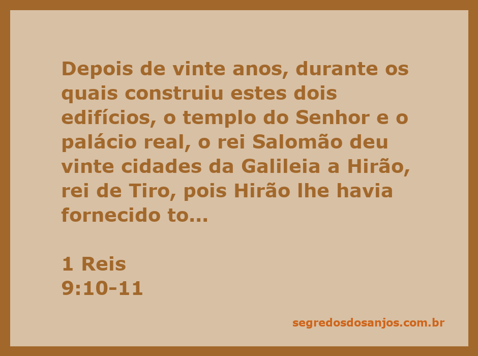 Rei Salomão presenteando cidades a Hirão após a construção do templo e do palácio.