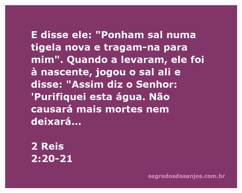 Profeta Eliseu purifica a água com sal, conforme a passagem de 2 Reis 2:20-21.