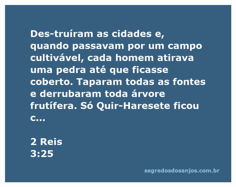 Cenas de destruição em um campo cultivável, representando o versículo de 2 Reis 3:25, onde cidades são destruídas e fontes são tapadas.