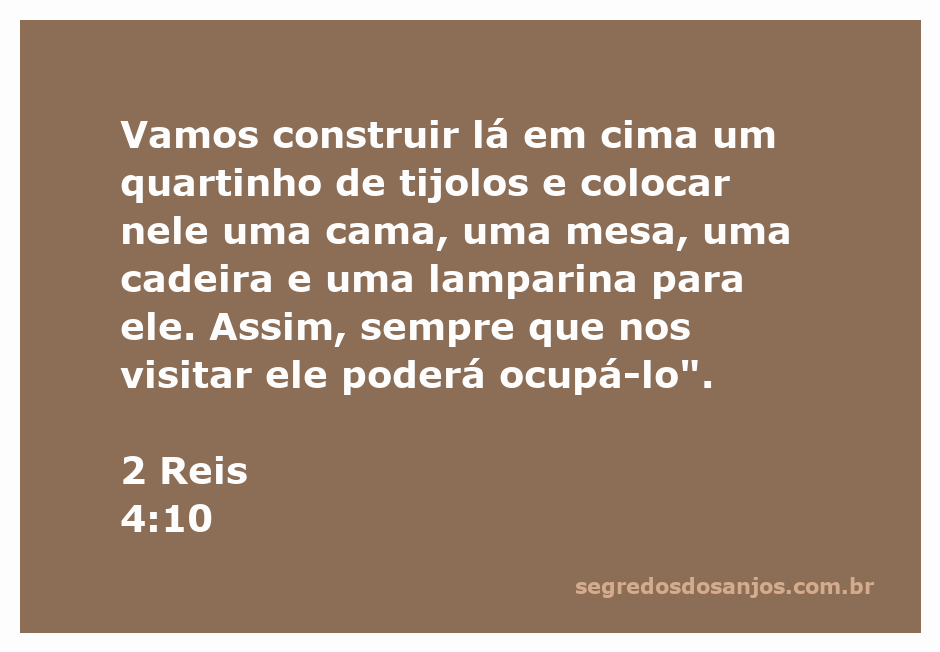 Uma representação do quarto construído em 2 Reis 4:10, com uma cama, mesa, cadeira e lamparina.