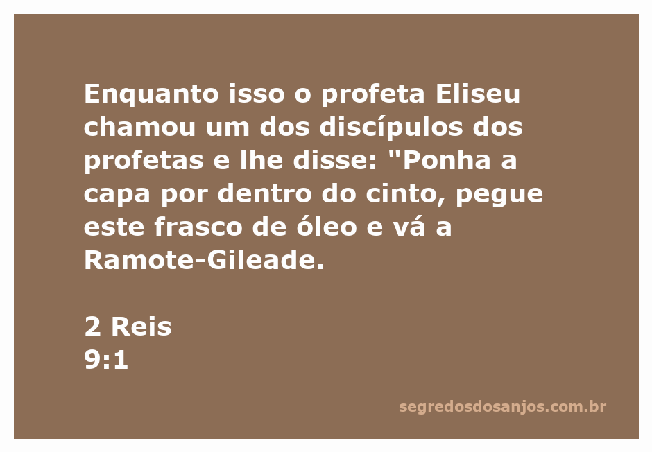 Eliseu instruindo um discípulo a ungir um rei com óleo em Ramote-Gileade.