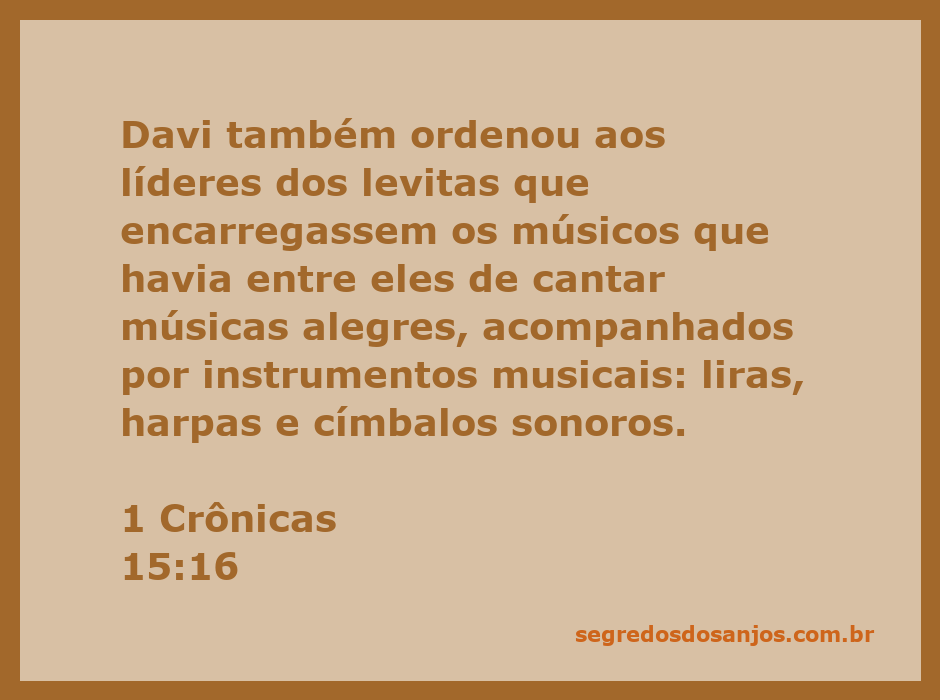 Davi ordenando músicos levitas a tocar músicas alegres com instrumentos como liras, harpas e címbalos.