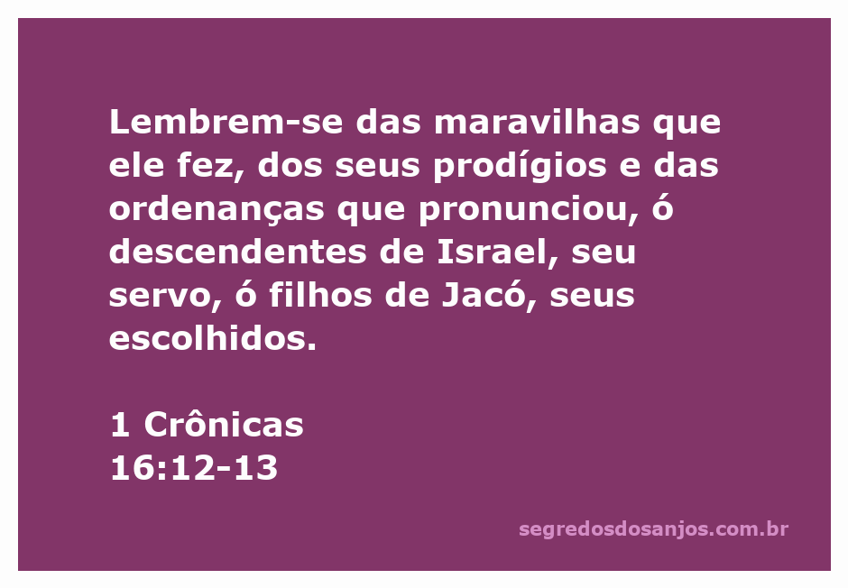 Versículo de 1 Crônicas 16:12-13 destacando as maravilhas de Deus para o povo de Israel.