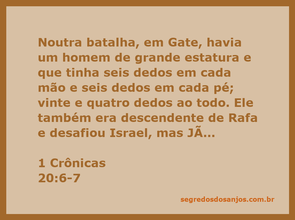 Ilustração de um gigante de seis dedos em cada mão e pé, representando o inimigo de Israel em 1 Crônicas 20:6-7.