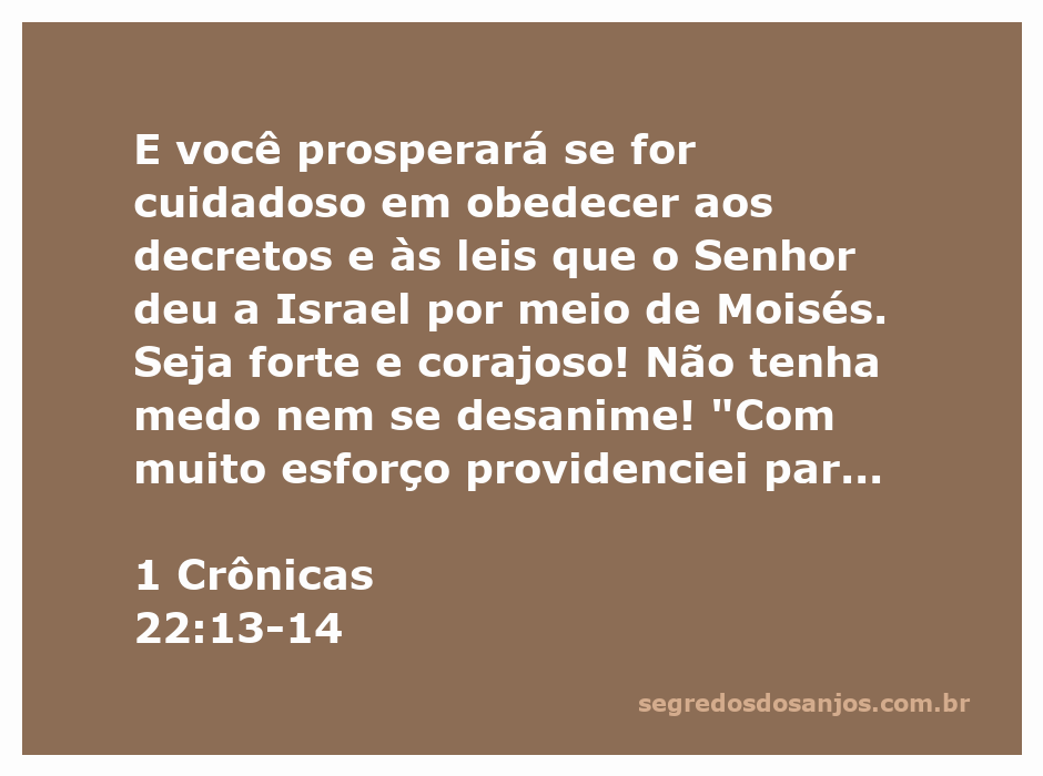 Versículo de 1 Crônicas 22:13-14 sobre a prosperidade através da obediência a Deus e os esforços para construir o templo.