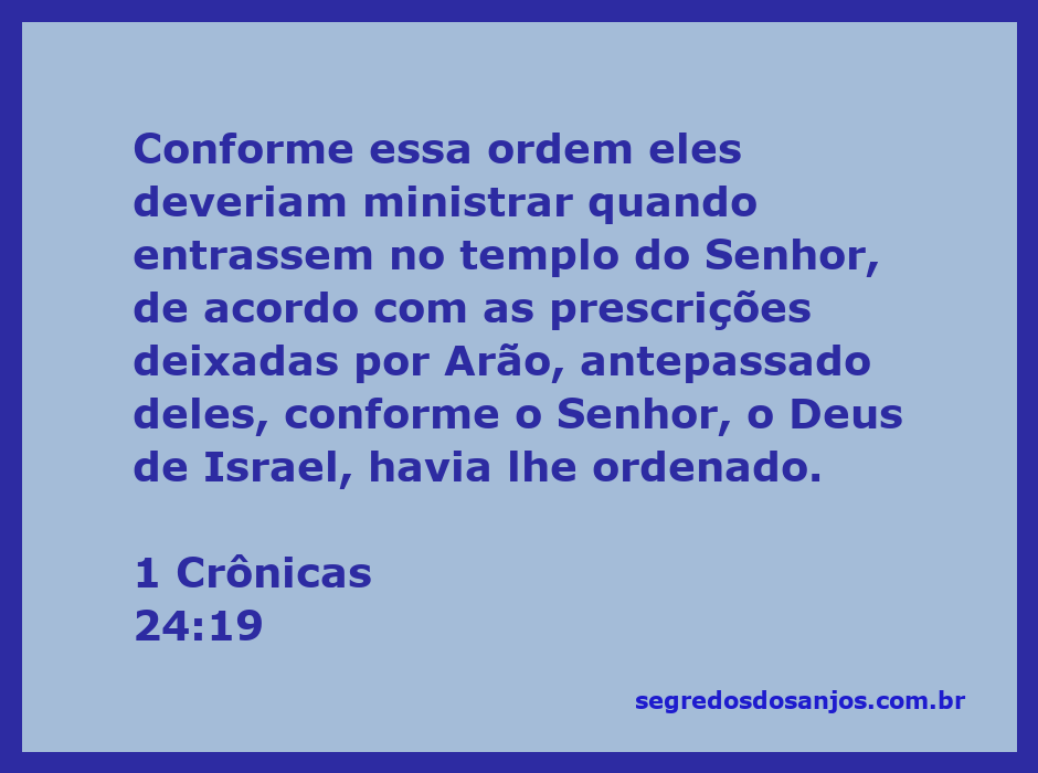 Ministros do templo seguindo as prescrições de Arão conforme 1 Crônicas 24:19