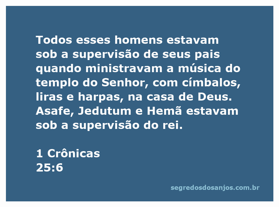 Músicos do templo do Senhor, com címbalos, liras e harpas, sob supervisão de seus pais e do rei.