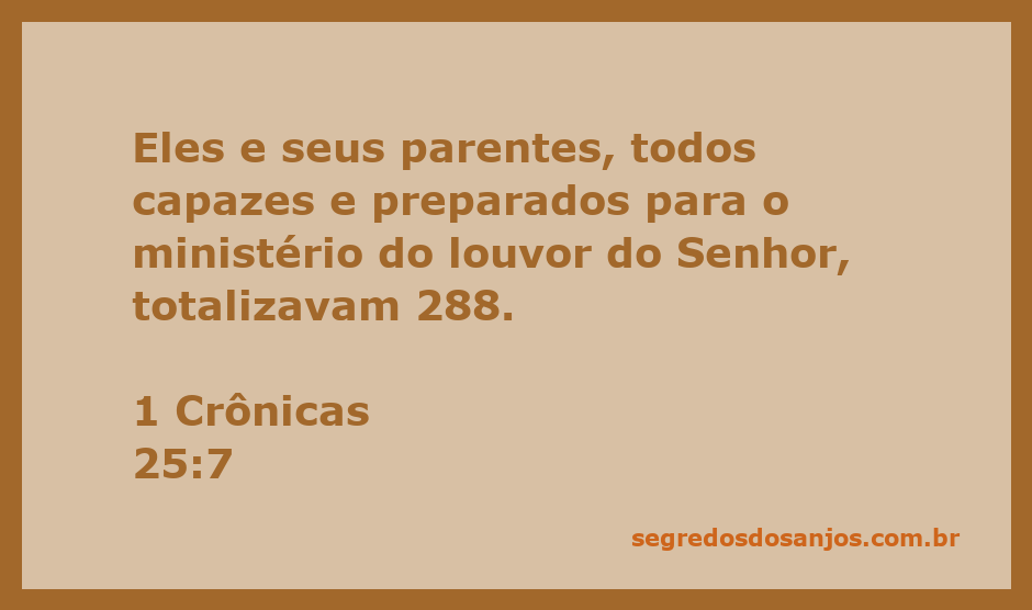 Grupo de músicos e cantores preparados para o ministério do louvor, representando os 288 mencionados em 1 Crônicas 25:7.