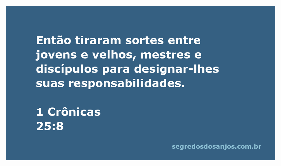 Representação de jovens e velhos sorteando responsabilidades conforme 1 Crônicas 25:8.