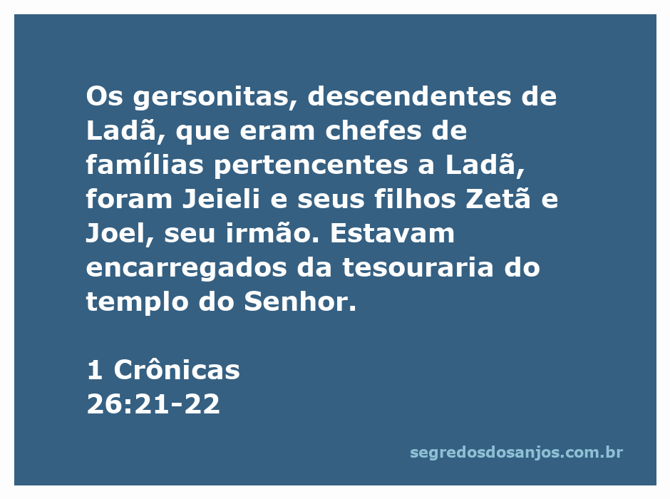 Os gersonitas, descendentes de Ladã, responsáveis pela tesouraria do templo do Senhor, incluindo Jeieli e seus filhos Zetã e Joel.