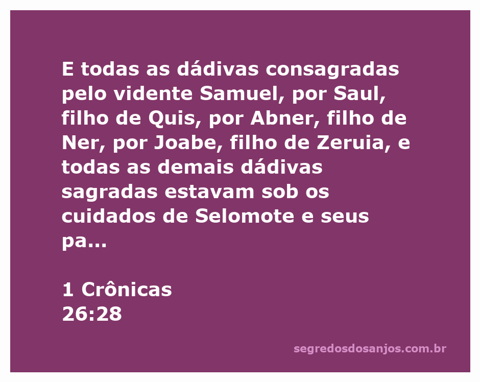 Imagem representativa das dádivas consagradas mencionadas em 1 Crônicas 26:28, destacando a importância das oferendas sagradas na tradição judaica.