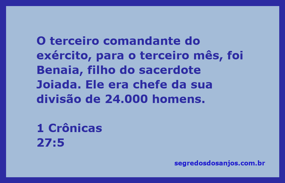 Benaia, filho do sacerdote Joiada, liderando 24.000 homens no terceiro mês.
