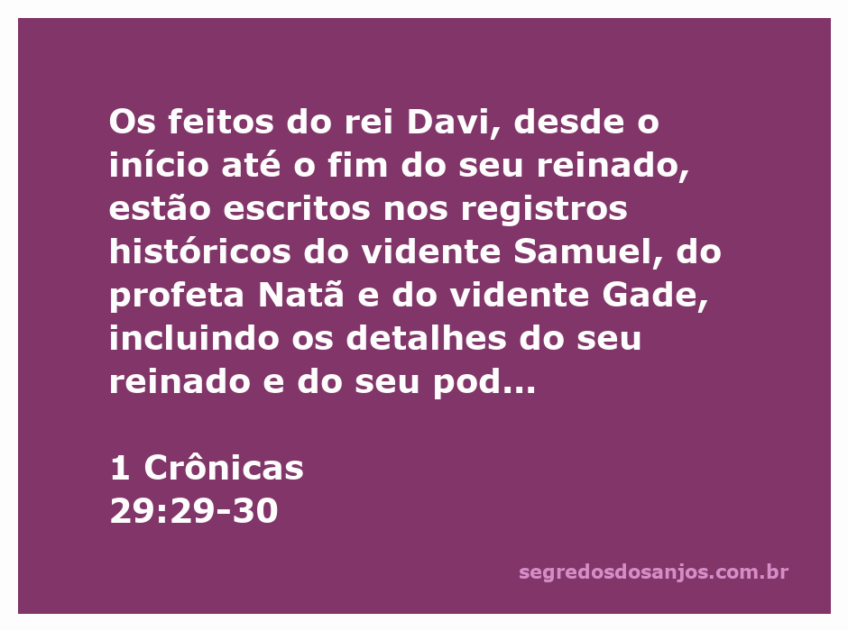 Versículo bíblico de 1 Crônicas 29:29-30, destacando os feitos do rei Davi registrados por videntes.