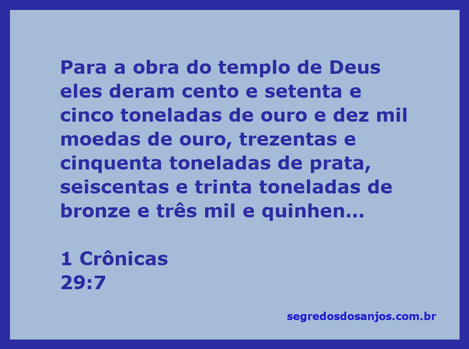 Imagem representativa da contribuição generosa para a construção do templo de Deus, destacando toneladas de ouro, prata, bronze e ferro.