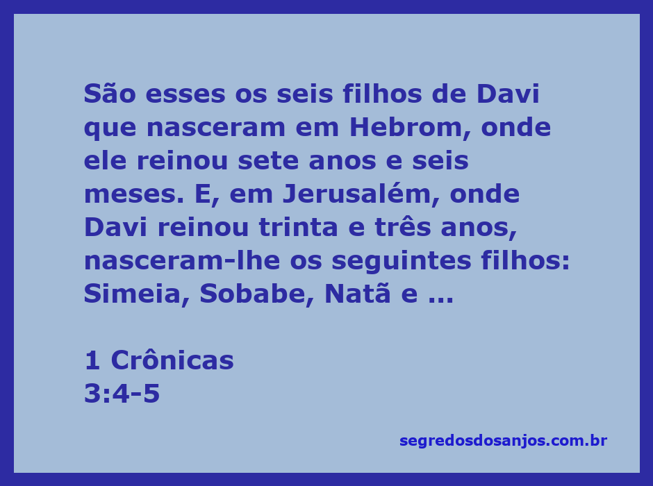 Representação dos filhos de Davi, incluindo Simeia, Sobabe, Natã e Salomão, nascidos em Hebrom e Jerusalém.