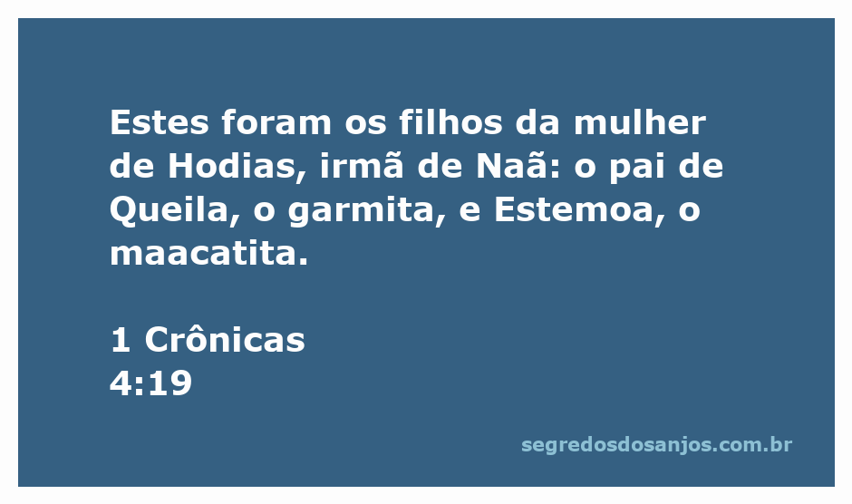 Representação da genealogia dos filhos de Hodias, irmã de Naã, mencionando Queila e Estemoa.