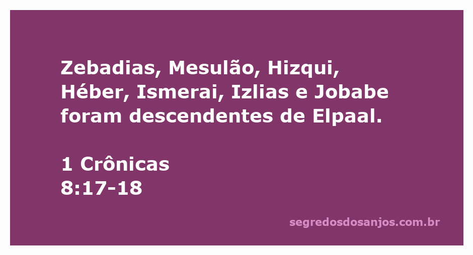 Retrato dos descendentes de Elpaal mencionados em 1 Crônicas 8:17-18, incluindo Zebadias, Mesulão, Hizqui, Héber, Ismerai, Izlias e Jobabe.