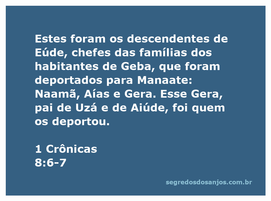 Ilustração dos descendentes de Eúde, destacando Gera, pai de Uzá e Aiúde, e a deportação de Geba para Manaate.