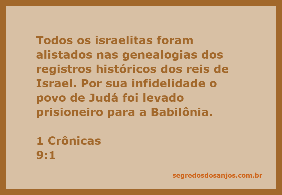 Registro histórico dos israelitas alistados em genealogias, destacando a infidelidade que levou o povo de Judá à Babilônia.