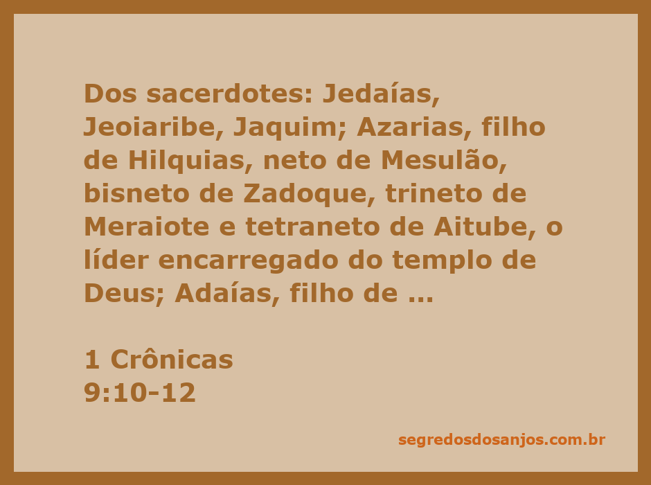 Lista dos sacerdotes mencionados em 1 Crônicas 9:10-12, incluindo Jedaías, Jeoiaribe, Jaquim e outros.