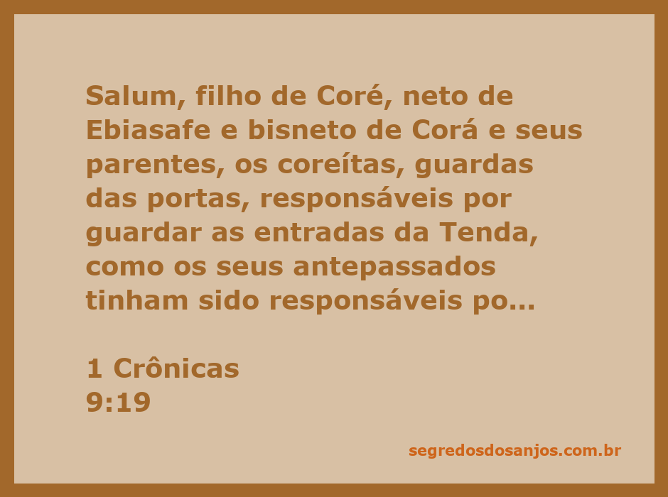 Salum e os coreítas guardando as entradas da Tenda, representando sua responsabilidade ancestral na habitação do Senhor.