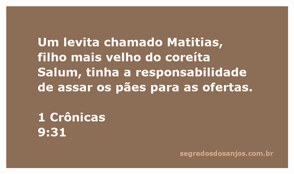 Matitias, um levita, assando pães para as ofertas conforme descrito em 1 Crônicas 9:31.