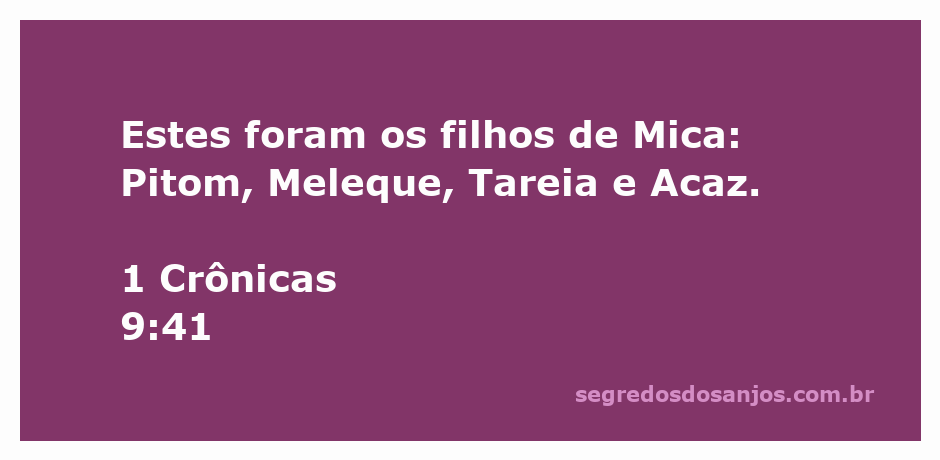 Os filhos de Mica mencionados em 1 Crônicas 9:41: Pitom, Meleque, Tareia e Acaz.