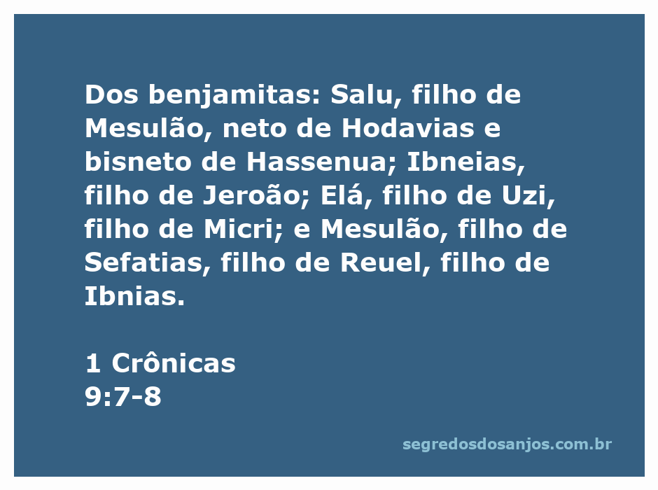 Genealogia dos benjamitas mencionada em 1 Crônicas 9:7-8, destacando os nomes de Salu, Ibneias, Elá e Mesulão.