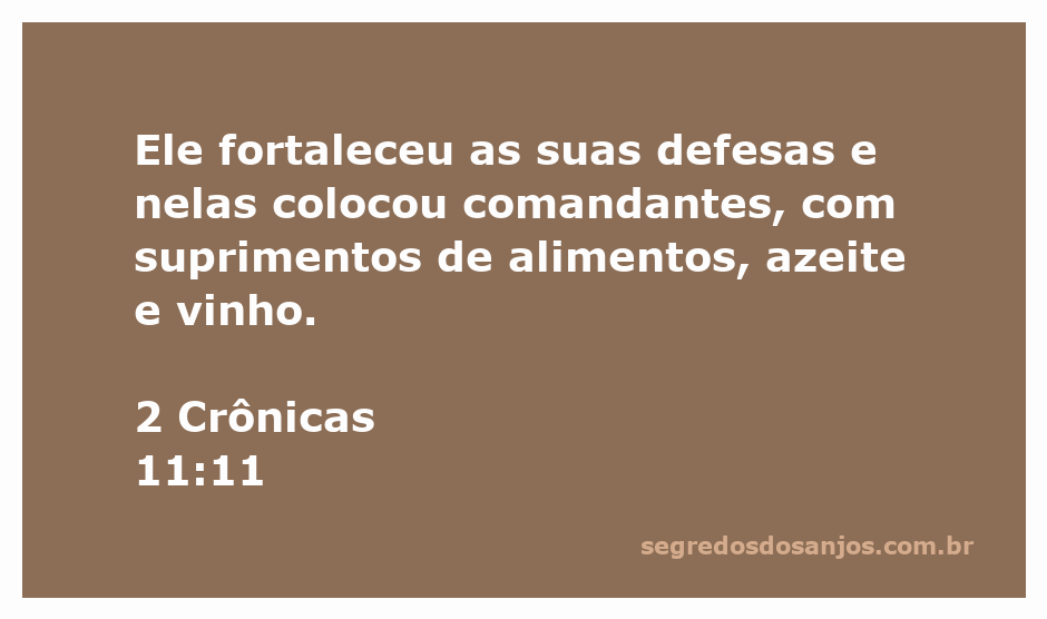 Fortificações e comandantes em 2 Crônicas 11:11 com suprimentos de alimentos, azeite e vinho.