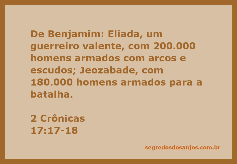Representação de Eliada e Jeozabade, guerreiros de Benjamim, com suas tropas armadas da passagem 2 Crônicas 17:17-18.