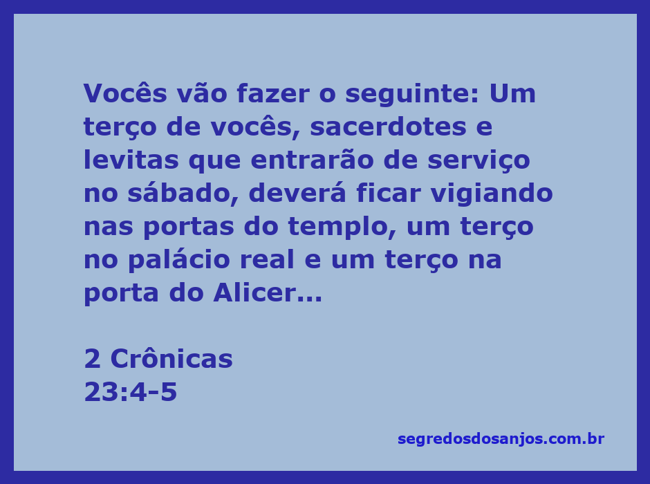 Sacerdotes e levitas em serviço no templo, conforme instruído em 2 Crônicas 23:4-5.