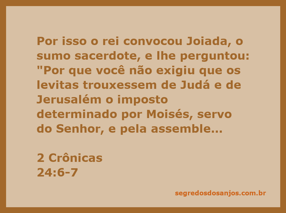 O rei Joás confronta Joiada, o sumo sacerdote, sobre a falta de arrecadação do imposto para o templo.